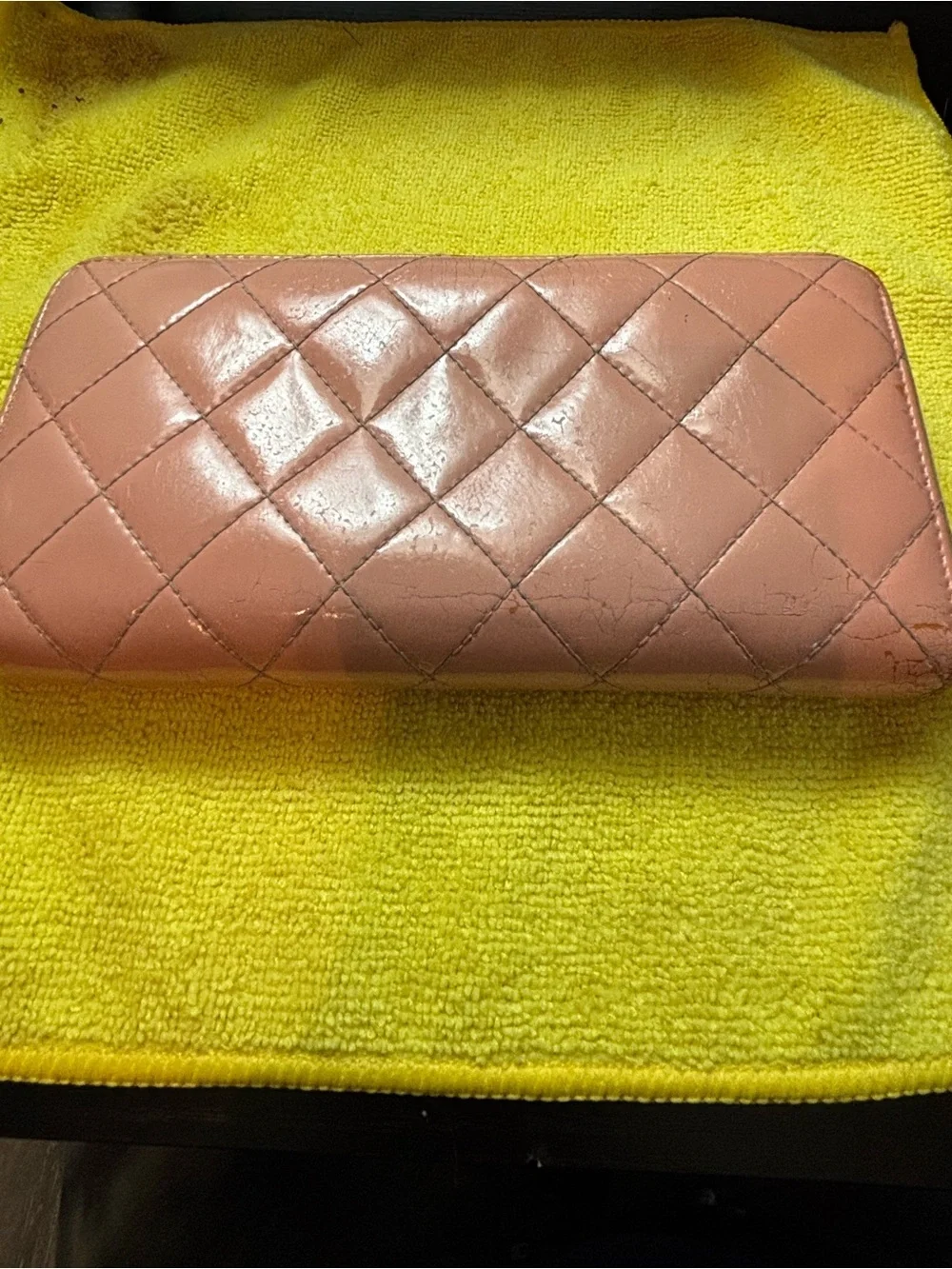 Authentic Chanel Matelasse Brilliant Patent Leather Zip Around Long Wallet Pink